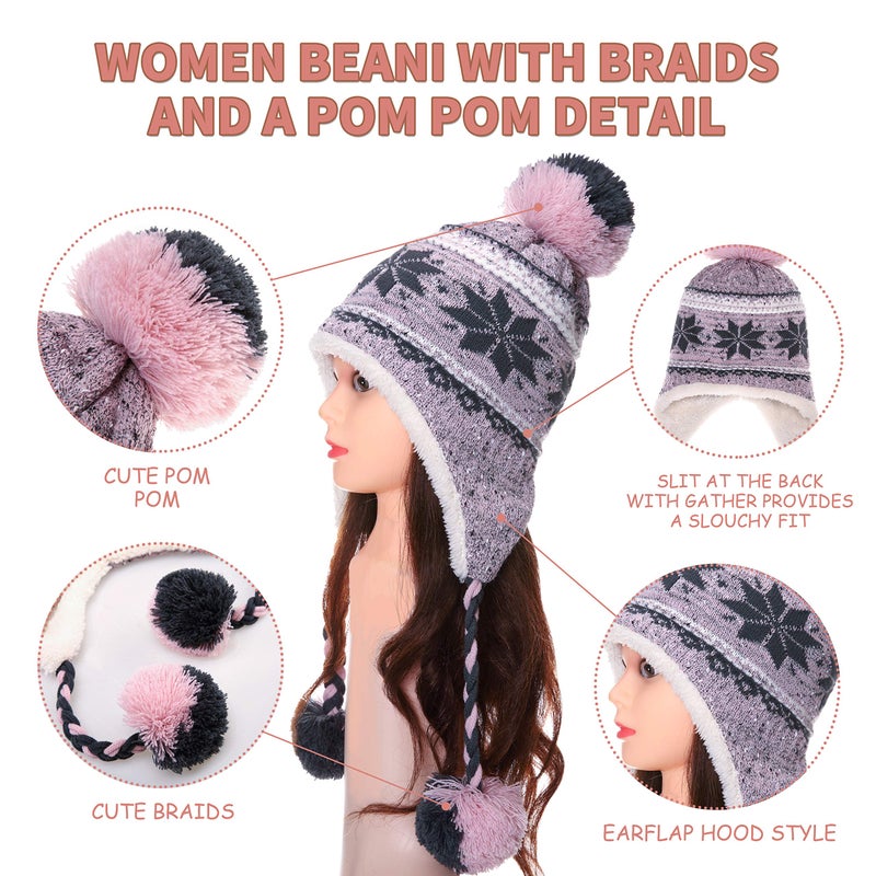Dosoni Winter Hats for Women Knit Beanie Soft Warm Fleece Lined Long Ear Straps Snow Ski Cap with Pompom Pink - Image 2